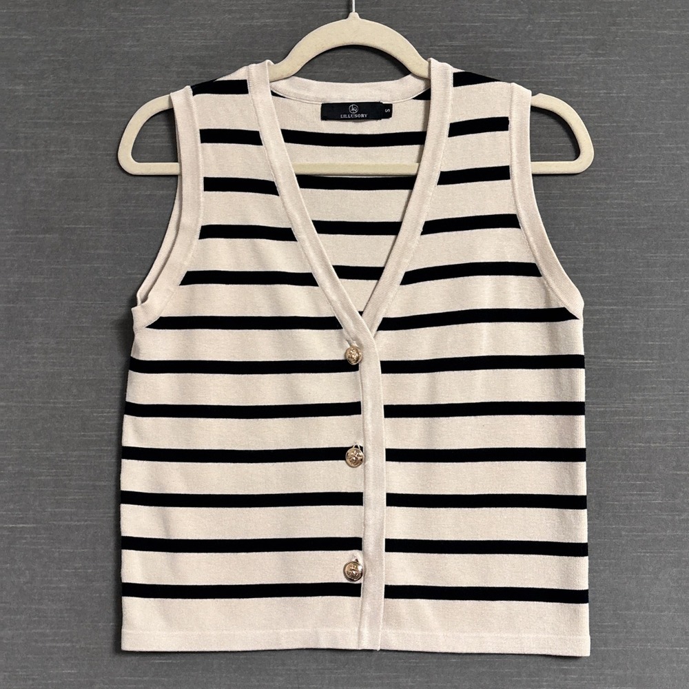 Lillusory Vest S Black Cream Striped Sleeveless V Neck Knit Sweater Minimalist